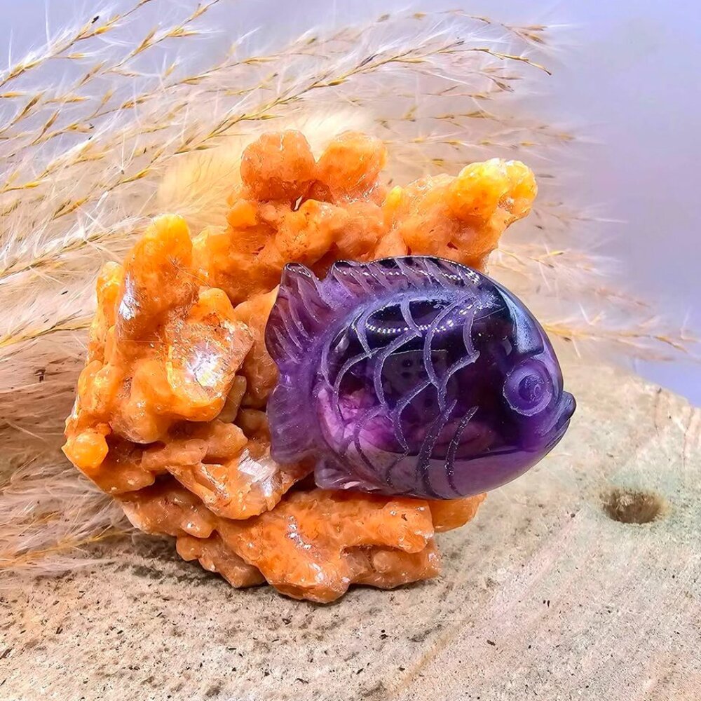 Nature Stalactite Calcite Cluster With Amethyst Fish Decor